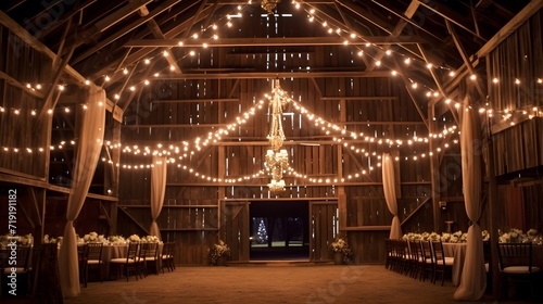 Indoor barn wedding with string lighting to celebrate marriage in a rustic setting. 