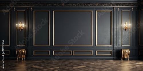 Chic Renaissance-inspired interior with luxurious modern furniture, dark colored walls adorned with stucco and gilded frames, and wooden parquet flooring.