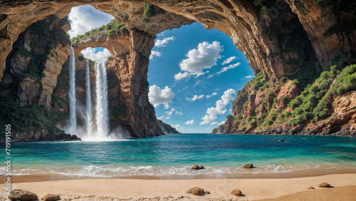 Fotografia Fantasy landscape of towering rock formations and high waterfalls, idyllic summer paradise cove on island of pristine empty sand beaches and turquoise blue ocean