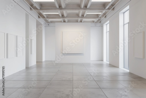 Empty interior of a modern art gallery. White canvas. Created with Generative AI technology 