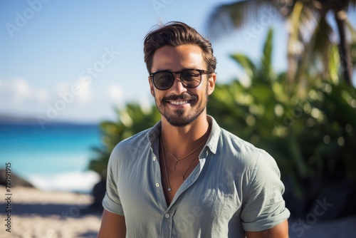 A man with sunglasses standing on a beach, looking towards the ocean.