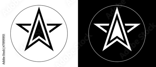 Star sign in circle like traffic icon with arrow. Black shape on a white background and the same white shape on the black side. photo