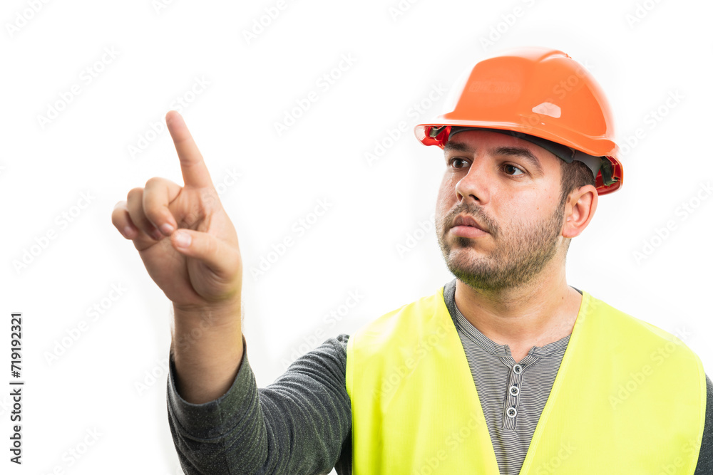 Constructor with serious expression touching transparent screen