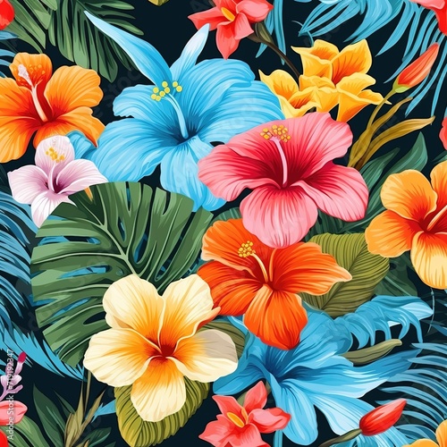 Tropical beach floral seamless pattern design for backdrop  fabric  wrapping paper  and more. Generative Ai