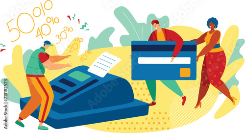 Energetic sale announcement, people with giant credit card and POS terminal. Colorful shopping discount promotion image. Happy shoppers presenting huge card, vibrant cashless payment illustration.