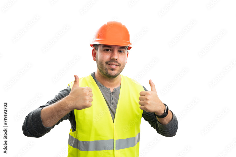 Friendly constructor wearing uniform showing double thumbs-up