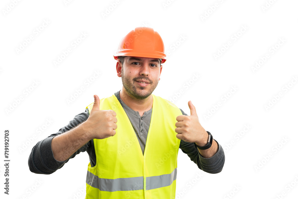 Friendly constructor wearing uniform showing double thumbs-up Friendly constructor wearing uniform showing double thumbs-up