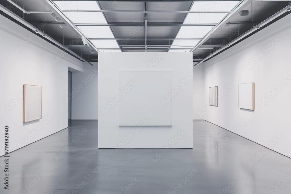 Empty interior of a modern art gallery. White canvas. Created with Generative AI technology
Empty interior of a modern art gallery. White canvas. Created with Generative AI technology
