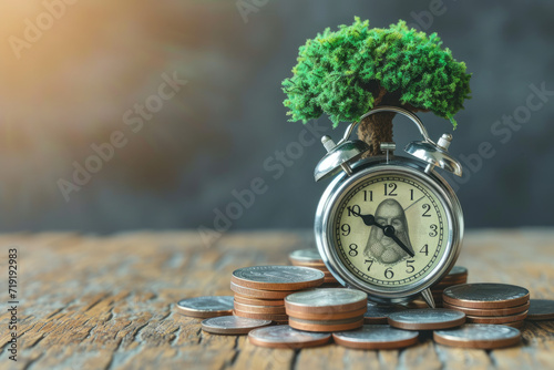 Money coins with retro alarm clock and tree, Return on investment, deposit, growth of income