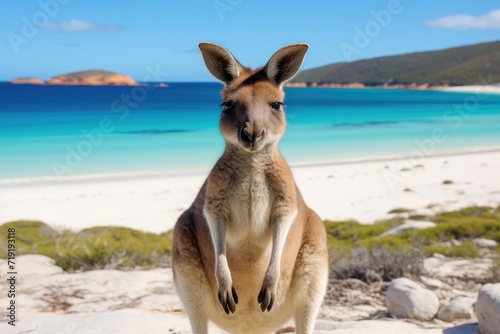 A kangaroo stands tall on its hind legs, displaying its unique ability while standing on a sandy beach.