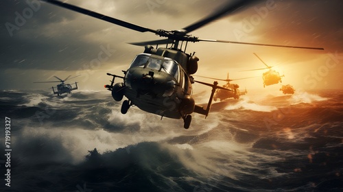 military war helicopters over the ocean