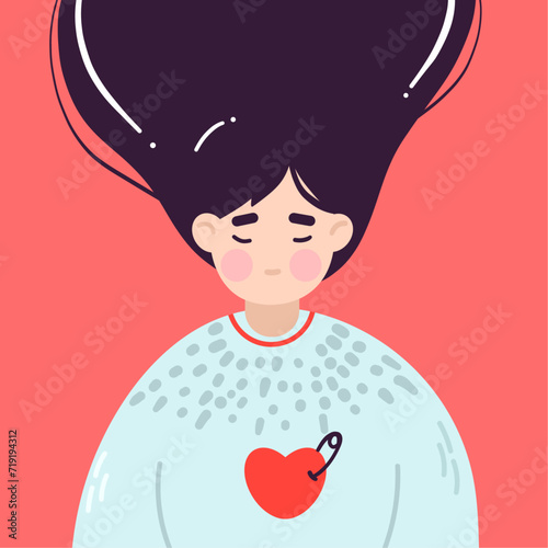 Flat vector girl character with heart. Valentines day illustration. Love concept