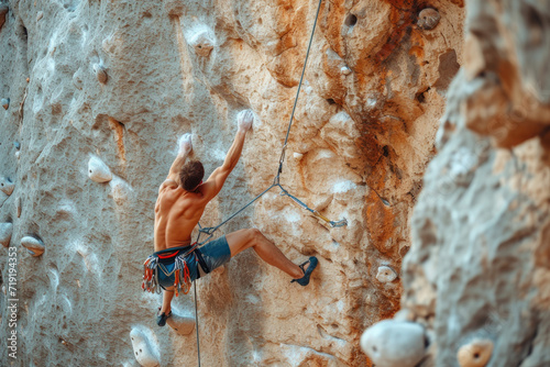 Muscular strong male athlete climbs a steep cliff, rock climbing sport