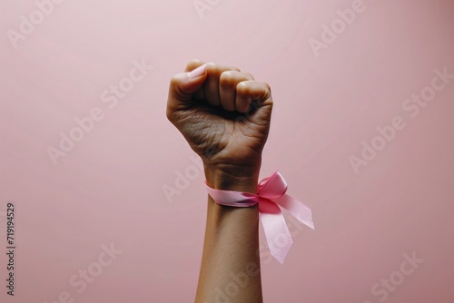 Promoting Breast Cancer awareness using a powerful hand gesture and a pink ribbon on a soft pink background with space for text.
