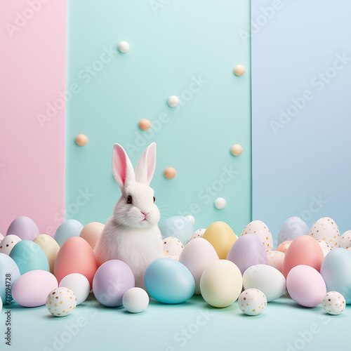 White rabbit is sitting among pastel easter eggs on pastel background. Pastel easter eggs frame with golden balls around it. Easter festival social media background design with copy space for text.