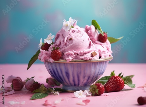 A bowl filled with creamy ice cream topped with fresh strawberries sits on a pink table.