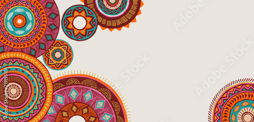 Africa patterned design. African background, banner with tribal traditional grunge pattern, elements, concept illustration. Masks, patterns, African symbols and colors