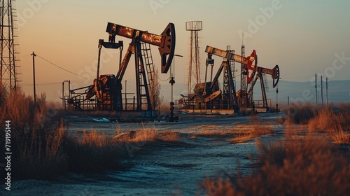 The fluctuation of oil prices due to war, implementing a limit on oil prices, oil rigs in a desert oil field, extracting crude oil from the earth, and producing petroleum. photo