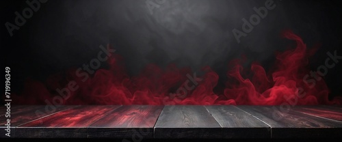 Empty Wooden Table Background Blurred Red Smoky Wall, Wooden Table
