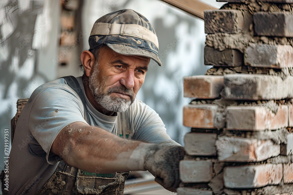 Industrial worker building exterior walls, using hammer for laying bricks in cement Industrial worker building exterior walls, using hammer for laying bricks in cement