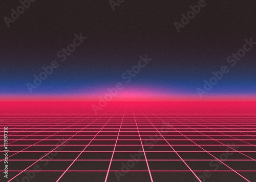 Background of red neon grid with blue horizon and retro grain effect