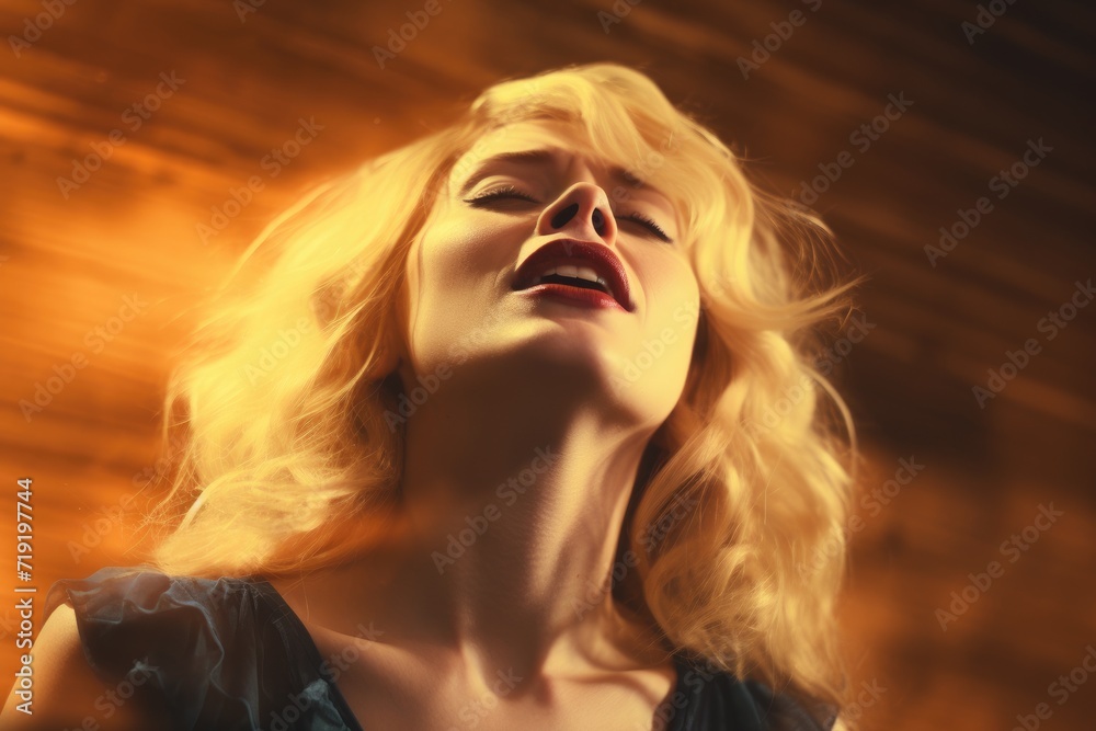 A blonde woman with her eyes closed, experiencing the sensation of wind blowing through her hair.