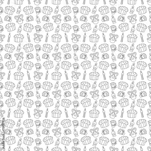 Seamless pattern with funny Easter chicks, Easter cakes, angels and flowers. Doodle vector illustration.
