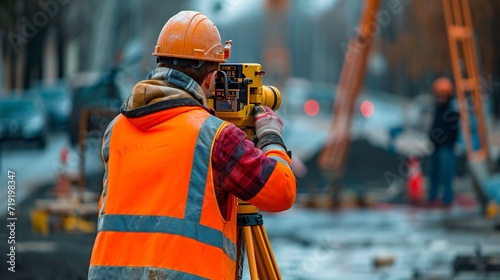Employed land surveyor using theodolite and level tool to calculate distances, heights and orientations at building location.