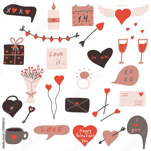 Set of doodles for Valentine's Day. Holiday hand-drawn illustrations in red colors. Love theme icons