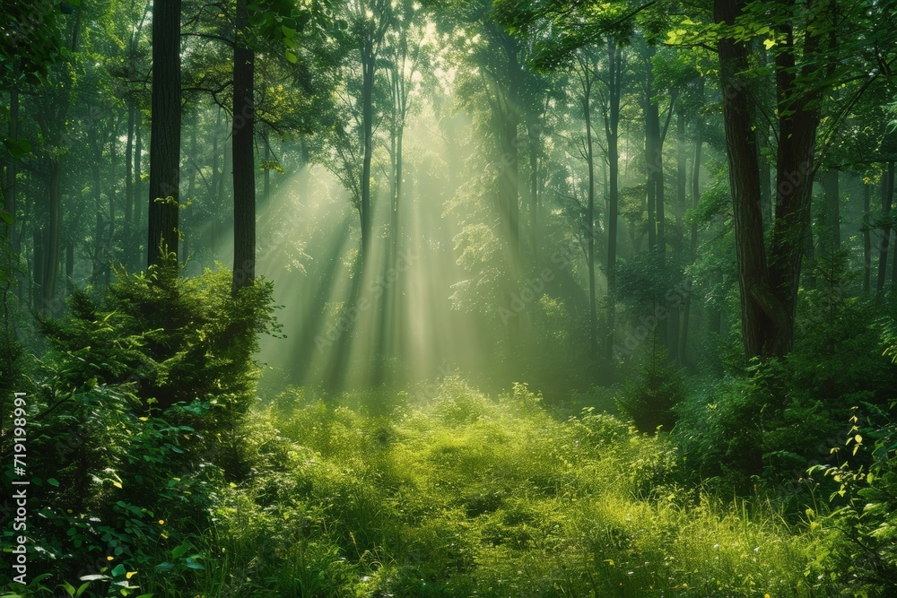 Fototapeta premium Misty Morning in a Vibrant Green Forest