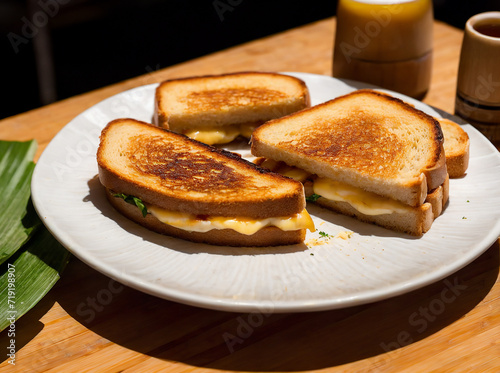 Restaurant service featuring bite-sized grilled cheese and bacon sandwiches on bamboo toothpicks and banana leaf garnish