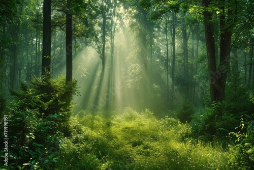 Misty Morning in a Vibrant Green Forest © Custom Media