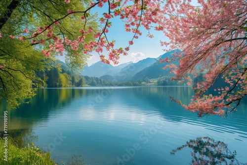 Tranquil Lake with Blooming Trees