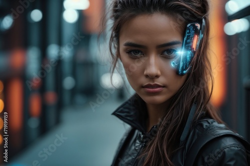 Future woman with cyber technology eye panel concept