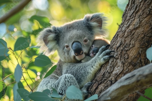 Koala with Newborn Joey in Eucalyptus Tree photo