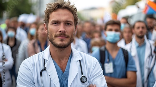 A group of people in medical uniform, a rally of doctors with the unity and determination of healthcare professionals. Concept: medical workers, strike or social issues in health and clinics 