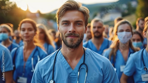 A group of people in medical uniform, a rally of doctors with the unity and determination of healthcare professionals. Concept: medical workers, strike or social issues in health and clinics 