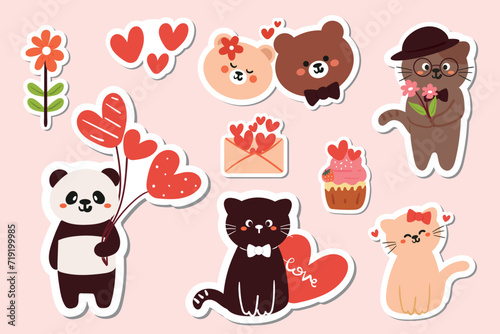 hand drawing cartoon animal with valentine element sticker set. cute valentine icon and doodle sticker