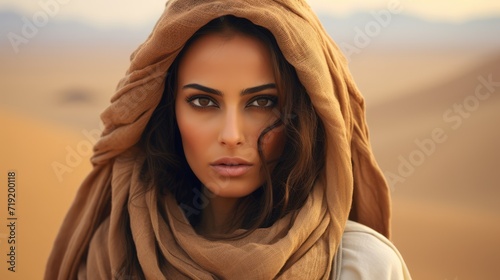 Cute young woman with a scarf on her head in the desert