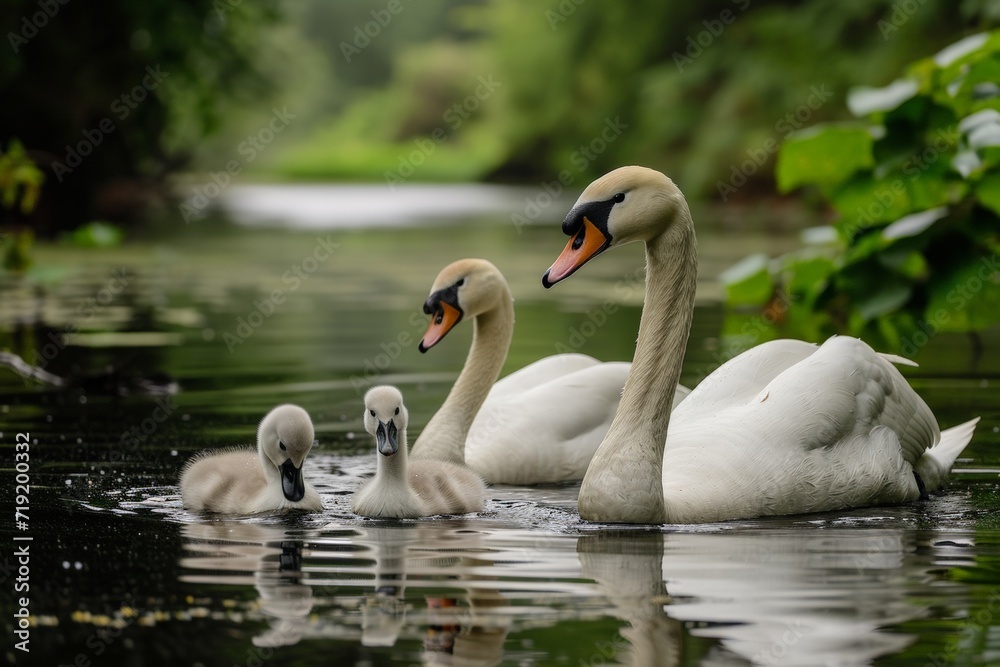 Pair of Swans with New Cygnets Pair of Swans with New Cygnets