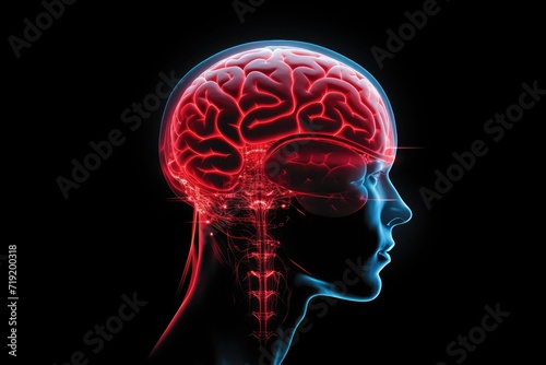 An image of a human head with the brain highlighted in red, showcasing the intricate neural pathways and structures.