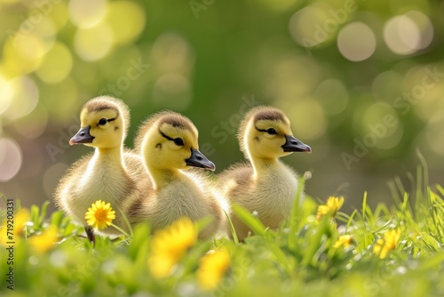 Goslings in a Grass Field