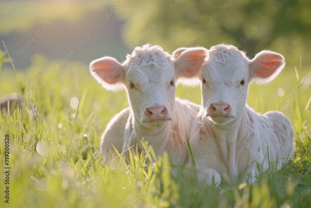 Fototapeta premium Newborn Calves in a Sunny Pasture