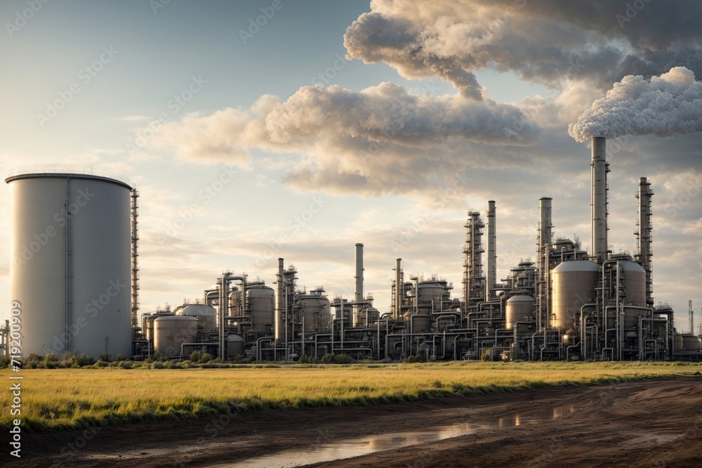 oil and gas power plant refinery with storage tanks facility for oil production or petrochemical factory infrastructure and oil demand price chart concepts as wide banner with copy space