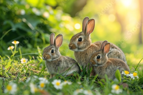 Rabbit Family in Spring Meadow