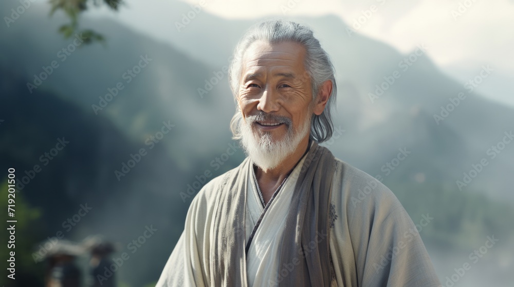 Asian wise old man in the mountains. Neural network AI generated art - obrazy, fototapety, plakaty 