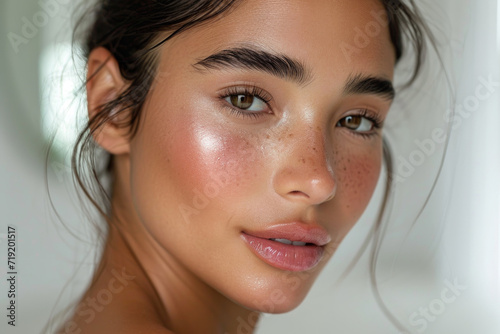 Beautiful young woman with peach makeup and freckles. Trendy style clean girl. photo