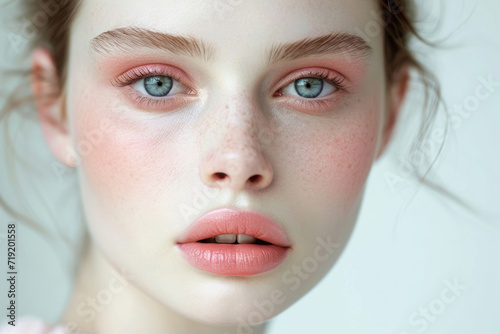 Beautiful young woman with peach makeup and freckles. Trendy style clean girl.