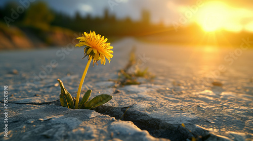 single dandelion flower grows through a crack of the alphalt concrete road in evening sunlight, concept of the power of nature photo