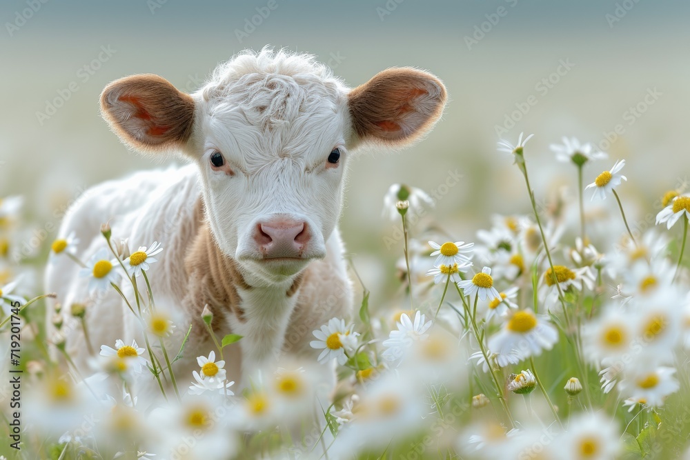 Calf in a Field of Spring Daisies